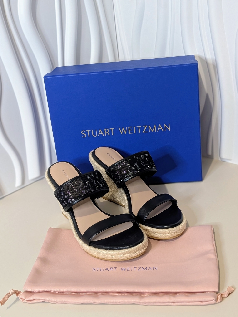 Stuart Weitzman Lily Black Espadrille Wedge Sandals NIB Size 8
